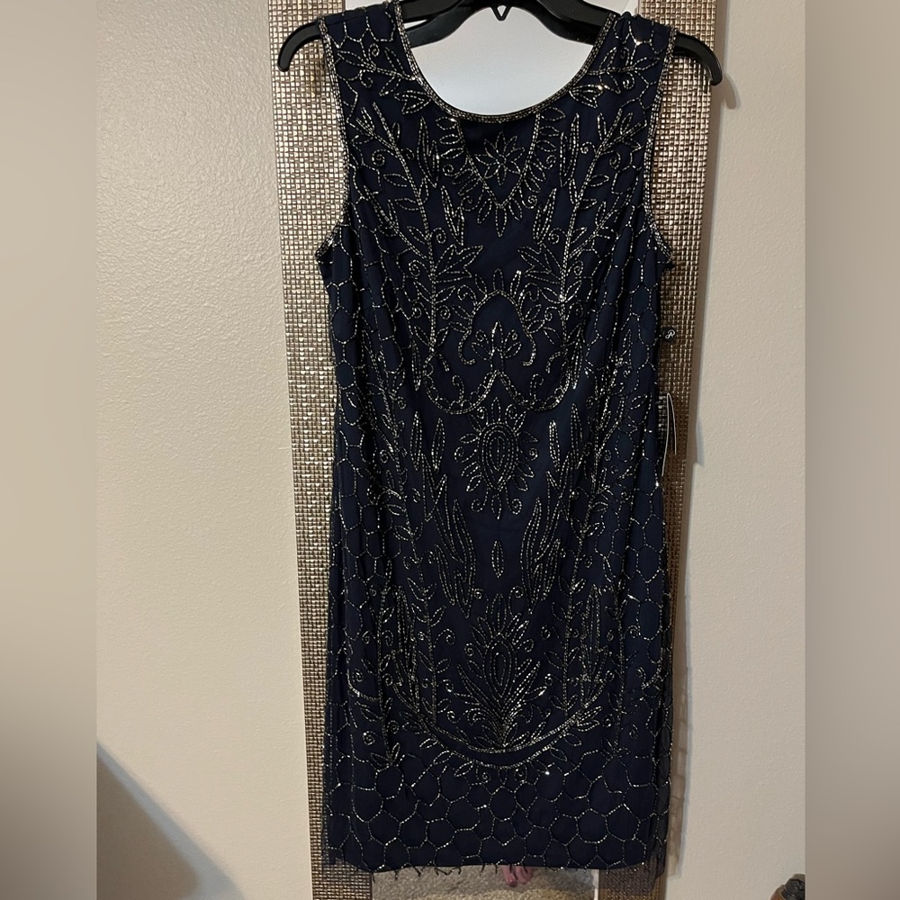 NWT ADRIANNA PAPELL Fully Beaded Mesh Sleeveless Sheath Cocktail Dress Size 8